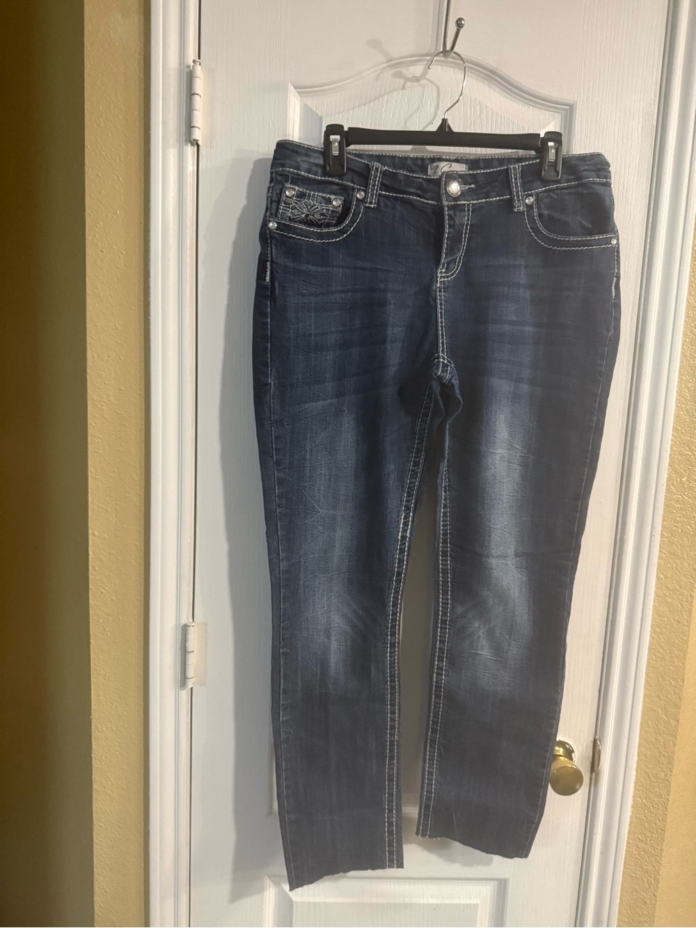 Dark Wash Women’s Jeans with Contrast Stitching and Bling Pockets